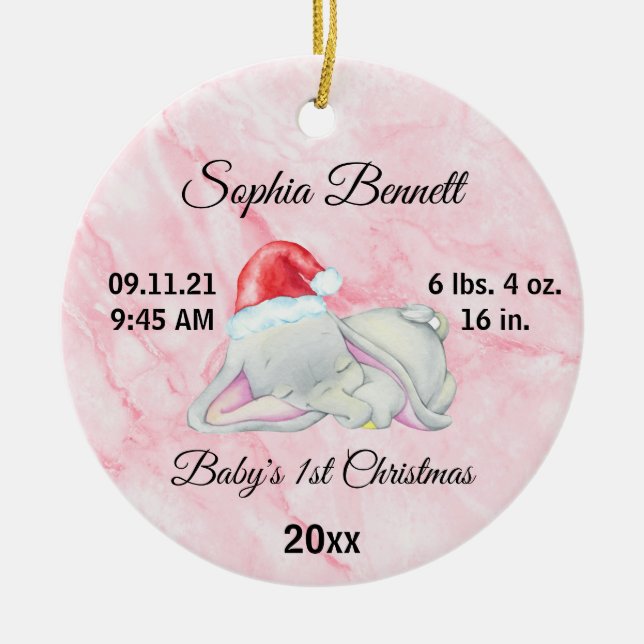 Baby's Girl First Christmas Elephant Custom Photo Ceramic Ornament (Front)
