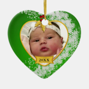 Baby's Green Snowy Photo Keepsake Christmas Ceramic Tree Decoration