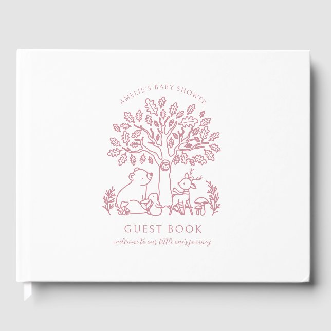 Baby's Journey Pink Woodland Animals Baby Shower Guest Book (Front)