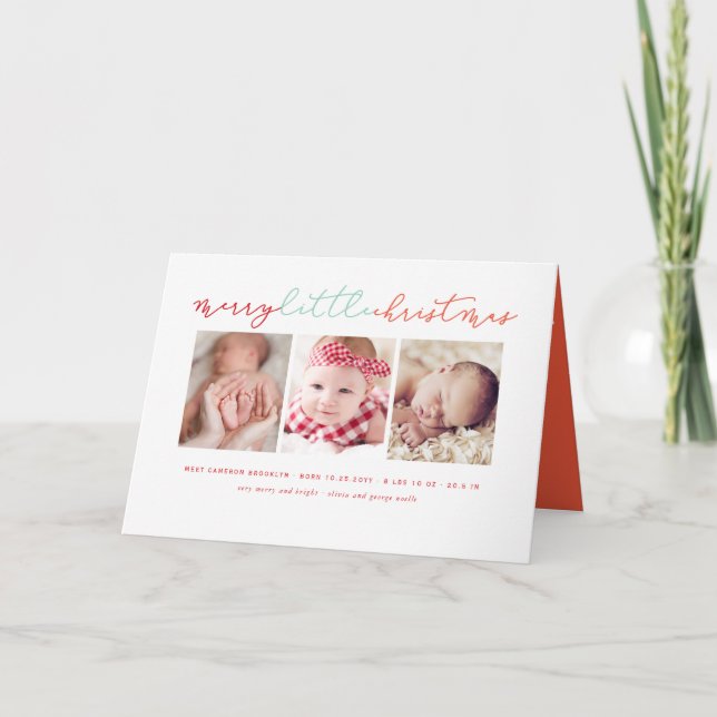 Baby's Merry Little Christmas Cute 3 Photo Collage Holiday Card (Front)