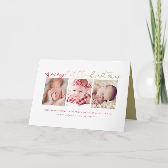 Baby's Merry Little Christmas Cute 3 Photo Collage Holiday Card (Front)