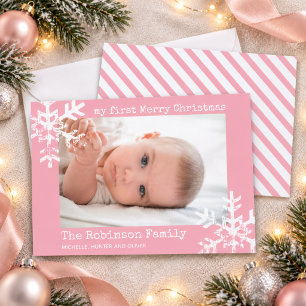 Baby's My First Christmas Photo Pink Snowflake Holiday Card