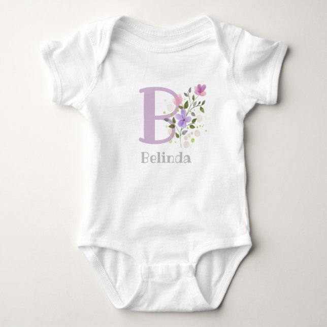 Baby's Name & Initial with Flowers. Newborn Baby Bodysuit (Front)