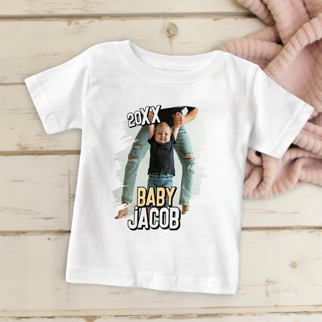Baby's Name Modern Simple Grunge Custom Baby Photo T-Shirt (Creator Uploaded)