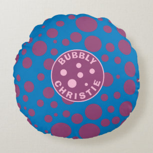 Baby's Name Purple Polka Dots Bubbly Blue Trippy Round Cushion