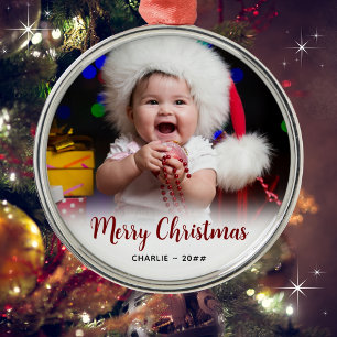 Baby's Photo and Text Christmas Keepsake Metal Ornament