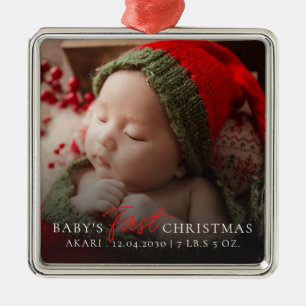 Baby's Photo First Christmas Birth Stats Metal Ornament