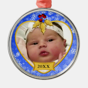 Baby's Photo Keepsake Gold Blue Snowy Christmas Metal Ornament