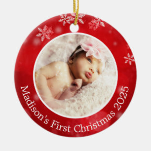 Baby's Red Snowflake Personalised First Christmas  Ceramic Ornament