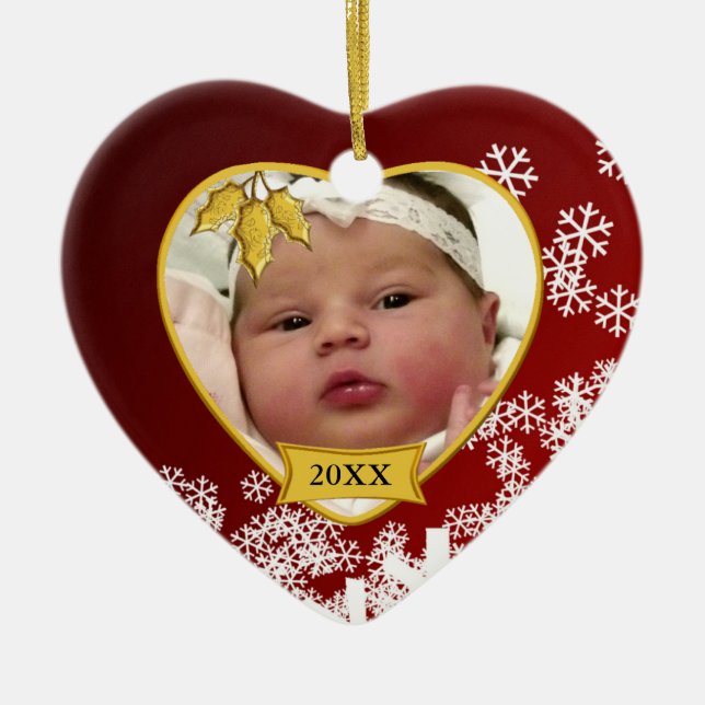 Baby's Snowy Red Photo Keepsake Christmas Ceramic Ornament (Front)