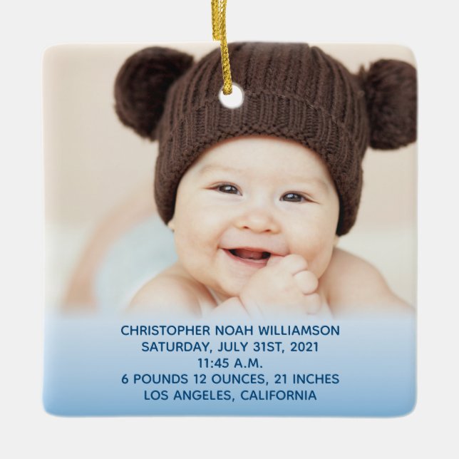 Baby's Stats Blue 1st Christmas Photo Ceramic Ornament (Front)