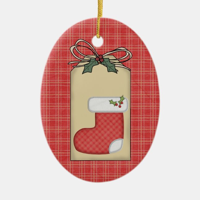 Baby's Xmas Red Plaid Gift Tag Ornament (Front)