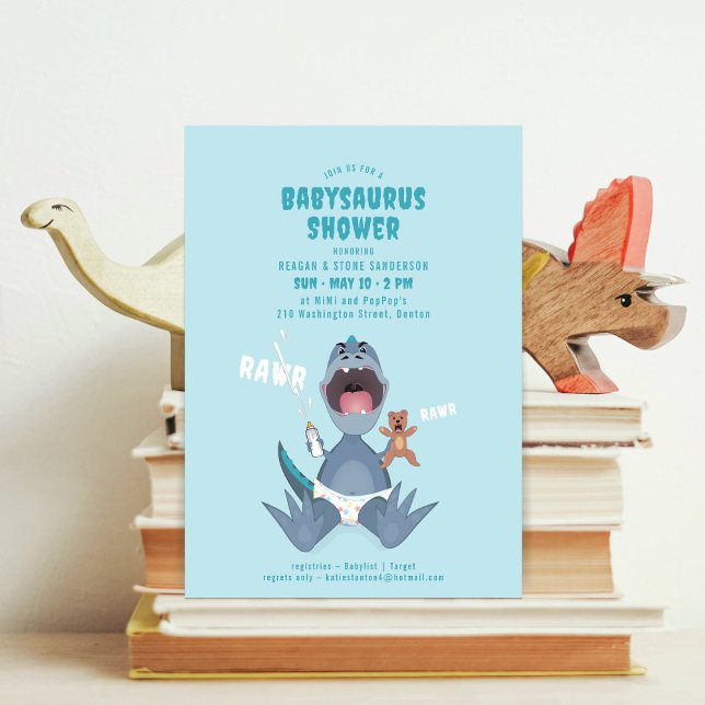Babysaurus T-rex Blue Baby Shower Invitation (Creator Uploaded)