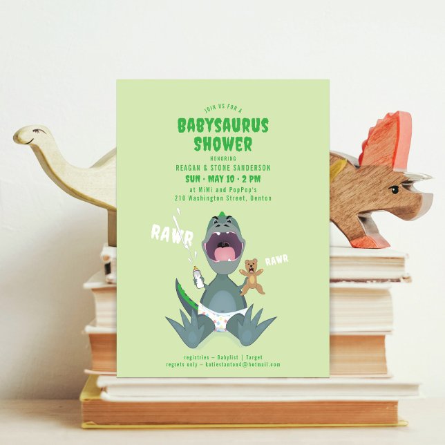 Babysaurus T-rex Green Baby Shower Invitation (Creator Uploaded)