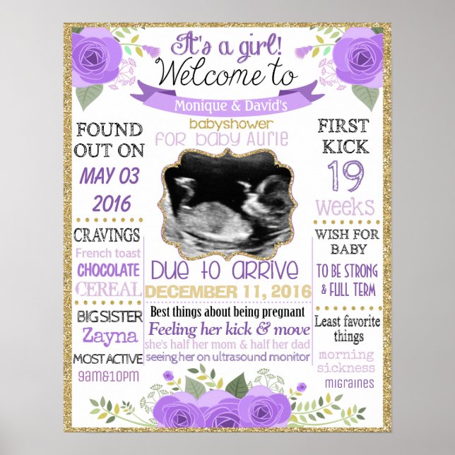 Babyshower sign poster Flowers its a girl purple (Front)