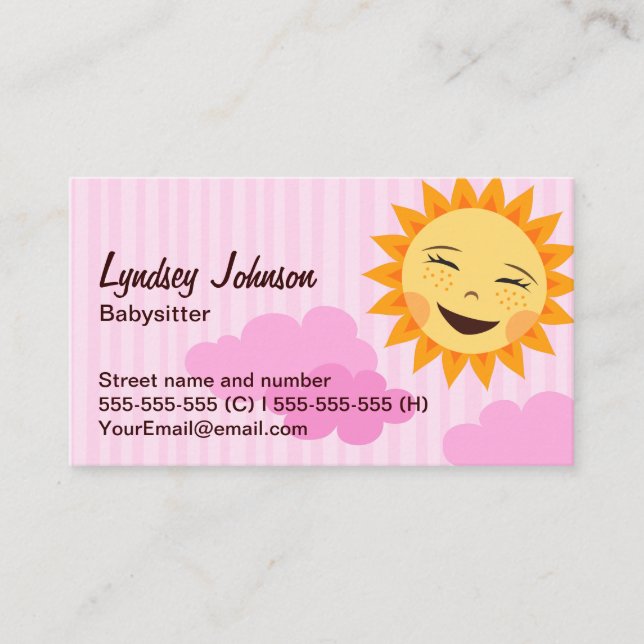 Babysitter business card, pink with cute sun business card (Front)