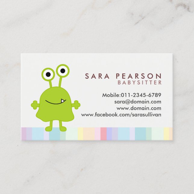 Babysitter Cute Green Monster Alien Business Card (Front)