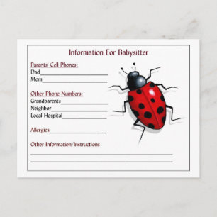 Babysitter Information Cards: Ladybug, Child Care Postcard