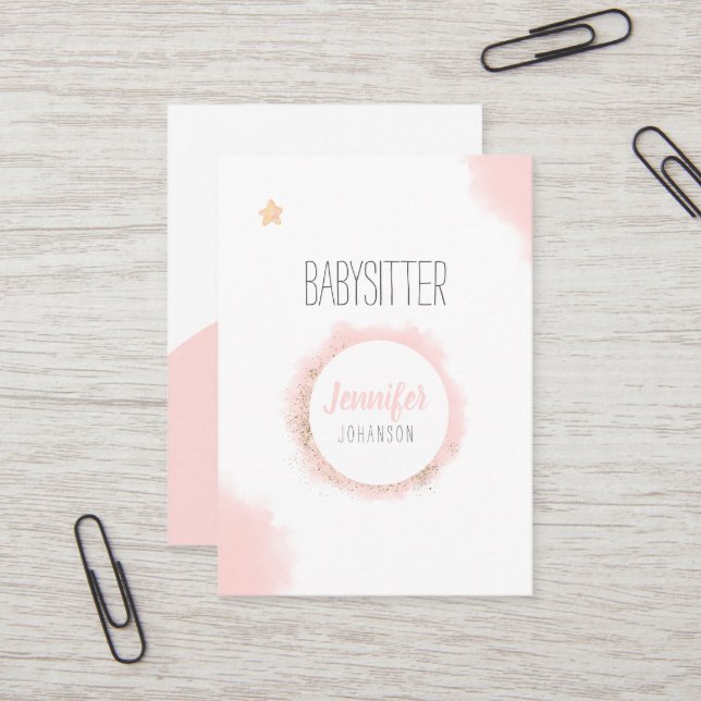 Babysitter Minimalist White Pink Watercolor Business Card (Front/Back In Situ)