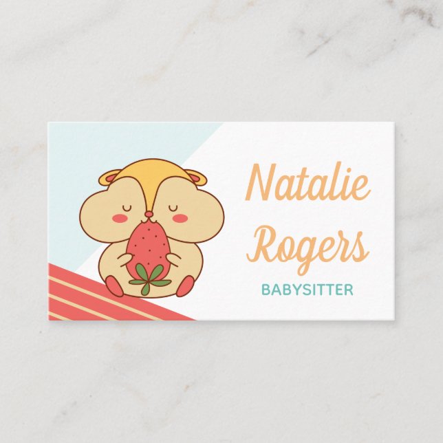 Babysitter Nanny Cute Kawaii Hamster & Strawberry Business Card (Front)