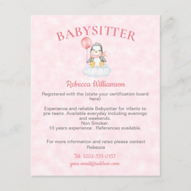 Babysitter Nanny Cute Penguin Business Flyer (Front)