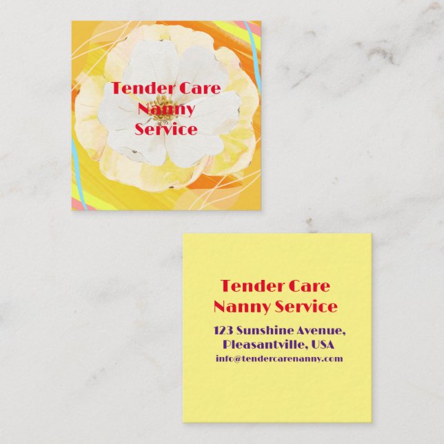 Babysitter Nanny Modern Yellow & White Rose Square Business Card (Front/Back)