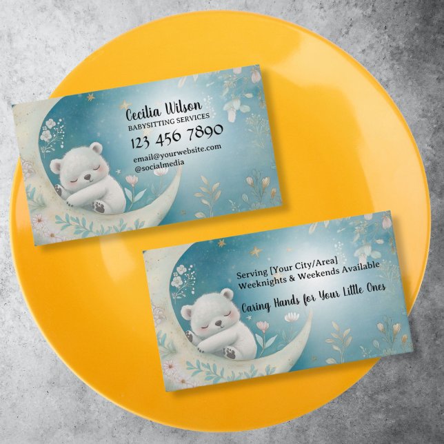 Babysitter Services, Babysitting, Nanny, Childcare Business Card (cute white baby bear on the pastel blue background)