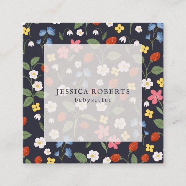 Babysitter Strawberry navy pattern square  Business Card (Front)