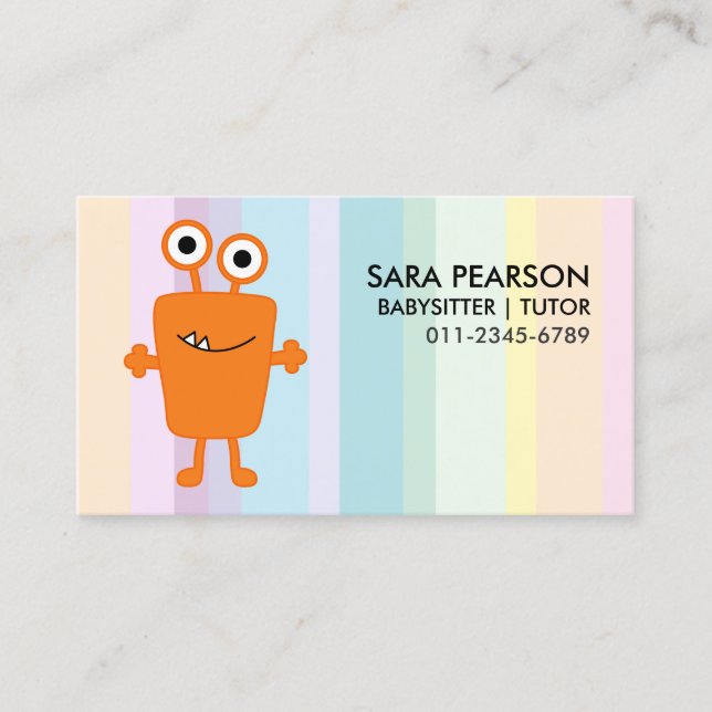 Babysitter Tutor Child Care Orange Monster Alien B Business Card (Front)