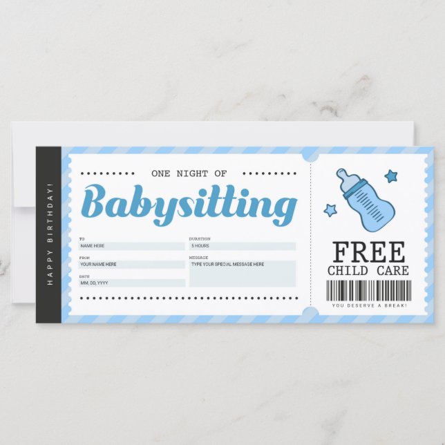 Babysitting Blue Gift Coupon Voucher Certificate (Front)