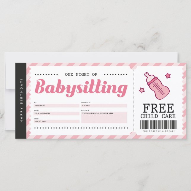 Babysitting Pink Gift Coupon Voucher Certificate (Front)