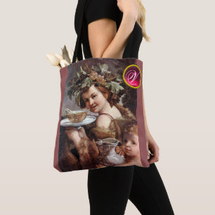 BACCHUS, GRAPES AND WHITE WINE GEMSTONE MONOGRAM TOTE BAG