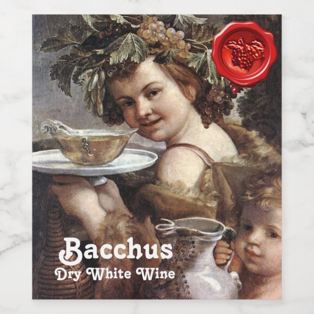 BACCHUS WITH GRAPES AND WHITE WINE RED WAX SEAL WINE LABEL (Single Label)