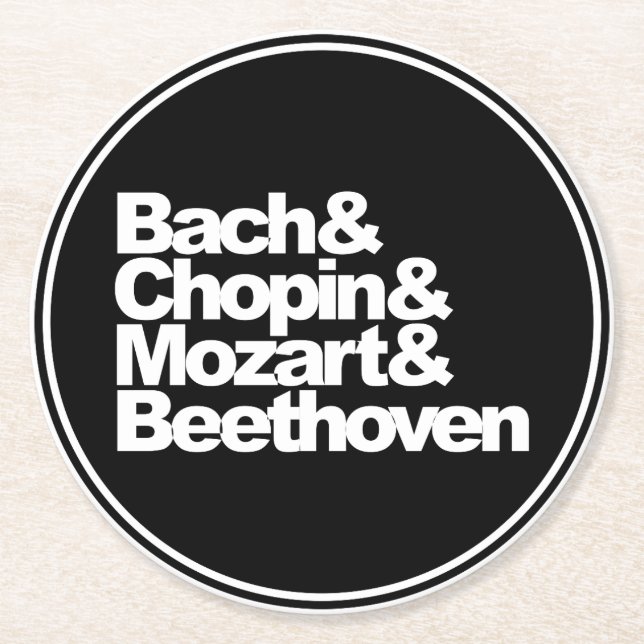 Bach and Chopin and Mozart and Beethoven Round Paper Coaster (Front)