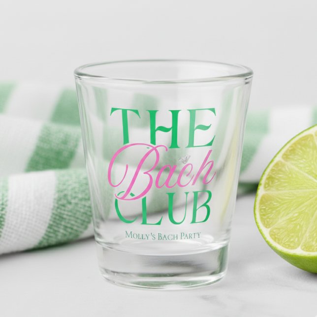 Bach Club Modern Simple Pink Green Bachelorette Shot Glass (Level up your pre-wedding style with “The Bach Club” shot glass!)