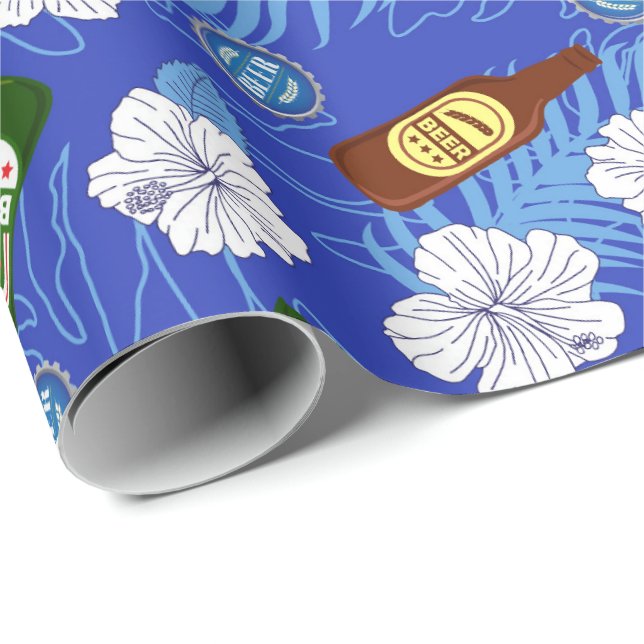 Bachelor Party Beer Bottle Tropical Flower Wedding Wrapping Paper (Roll Corner)