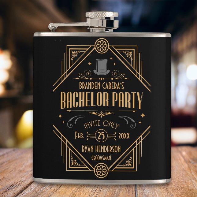 Bachelor Party | Black & Gold Art Deco Speakeasy Hip Flask (Art Deco 1920s speakeasy flask bachelor party favors for groomsmen and best man black and gold)