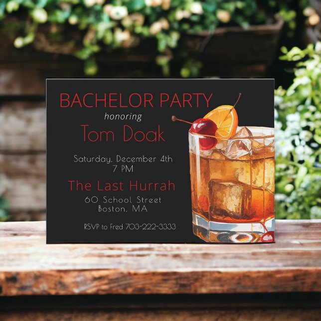 Bachelor Party Black Modern Old Fashioned Drink Invitation (Creator Uploaded)