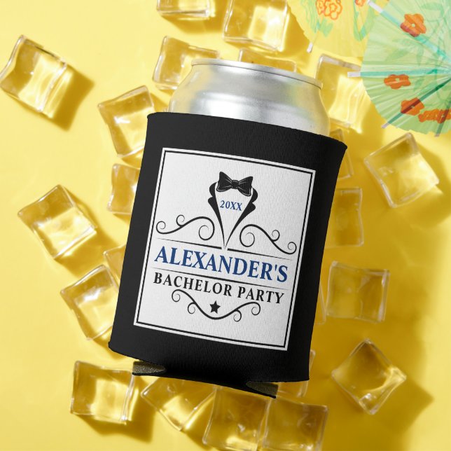 Bachelor Party Black Tie Blue or Pick Text Colour Can Cooler (In Situ Summer)