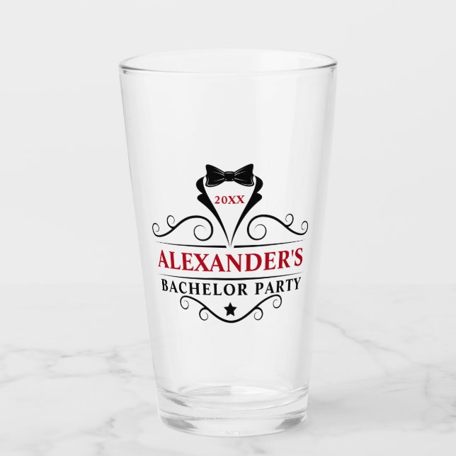 Bachelor Party Black Tie Red or Pick Text Colour Glass (Front)
