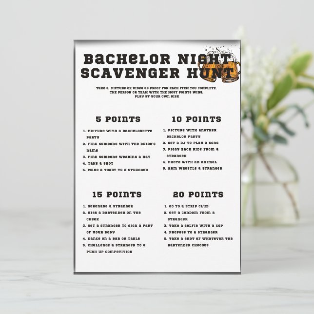 Bachelor Party Games, Scavenger Hunt, Invitation (Standing Front)