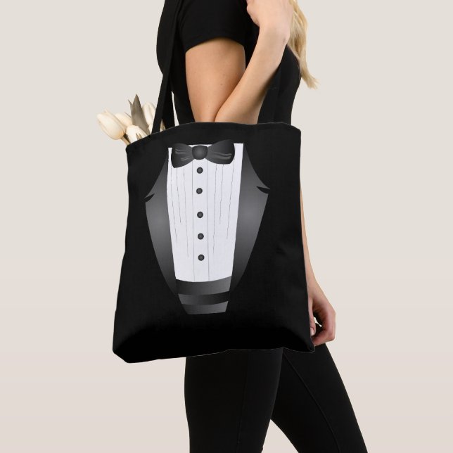 Bachelor Party Groomsman Team Groom black tuxedo Tote Bag (Close Up)