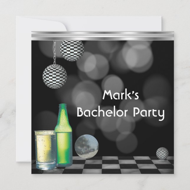 Bachelor Party Mens Drinks Black And White Silver Invitation (Front)