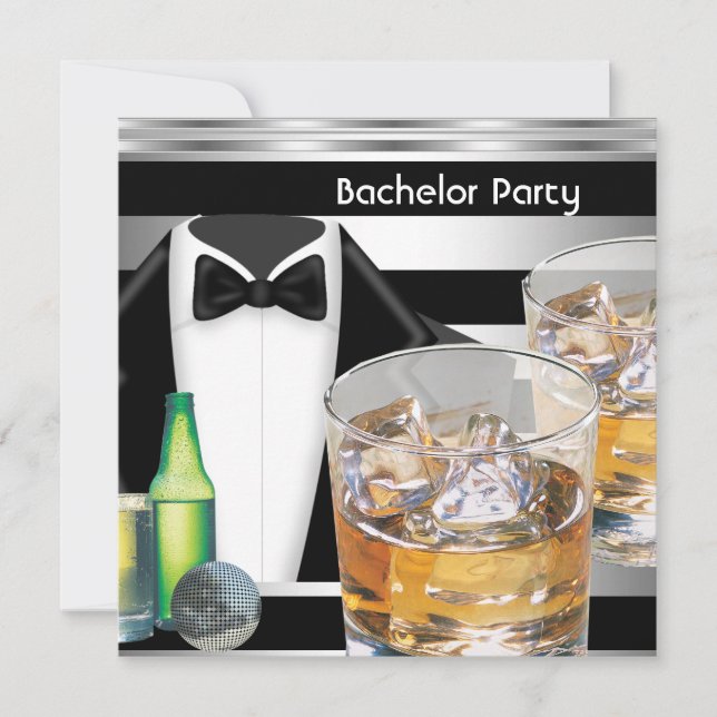 Bachelor Party Mens Drinks Tuxedo Black Silver Invitation (Front)