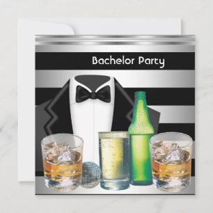 Bachelor Party Mens Drinks Tuxedo Black Silver Invitation