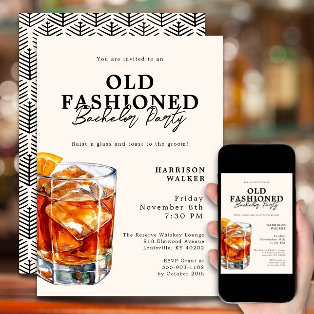 Bachelor Party Old Fashioned Whiskey Theme Elegant Invitation (Fully customizable for your party.
)
