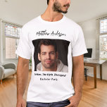 Bachelor party photo man myth legend name fun T-Shirt<br><div class="desc">Personalise and add your own photo of the bachelor.  Personalise and add a name,  and a text.  Text: The Man,  The Myth,  The Legend.</div>