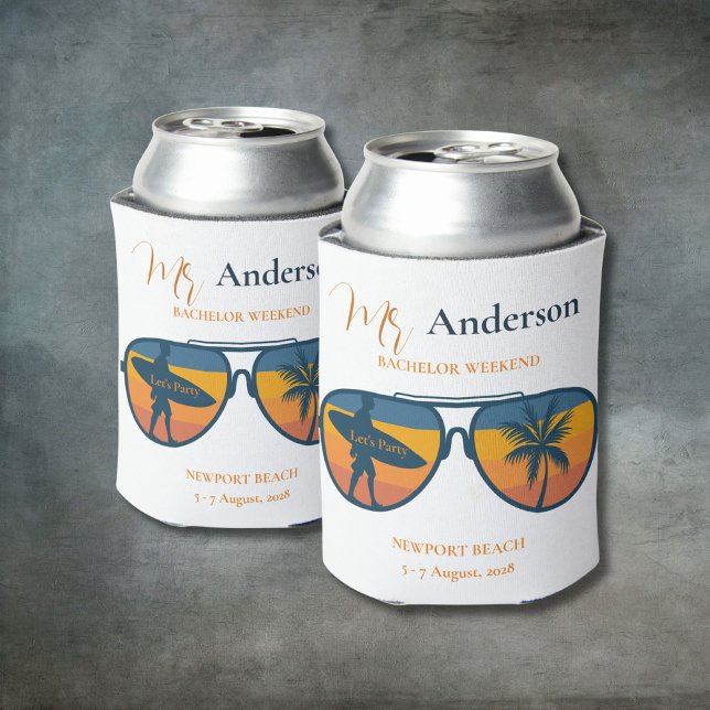Bachelor Party Retro Sunglasses Surf Palm Trees Can Cooler (Creator Uploaded)