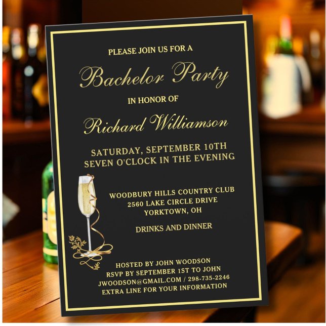 Bachelor Party Stylish Classic Black Gold Invitation (Creator Uploaded)