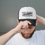 Bachelor Party Team Groom Groomsman's Name Grey Trucker Hat<br><div class="desc">Custom cap design for your bachelor party features "TEAM GROOM" in bold light grey type. Customise groomsman's name in coordinating masculine black script. Title or custom text is featured below. Design is placed on the front. All colours in this design are customisable in the Zazzle design tool area! Message with...</div>